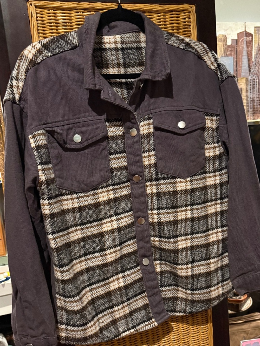 ### Plaid Meets Streetwear! Mixed-Media Utility Shacket | Size S